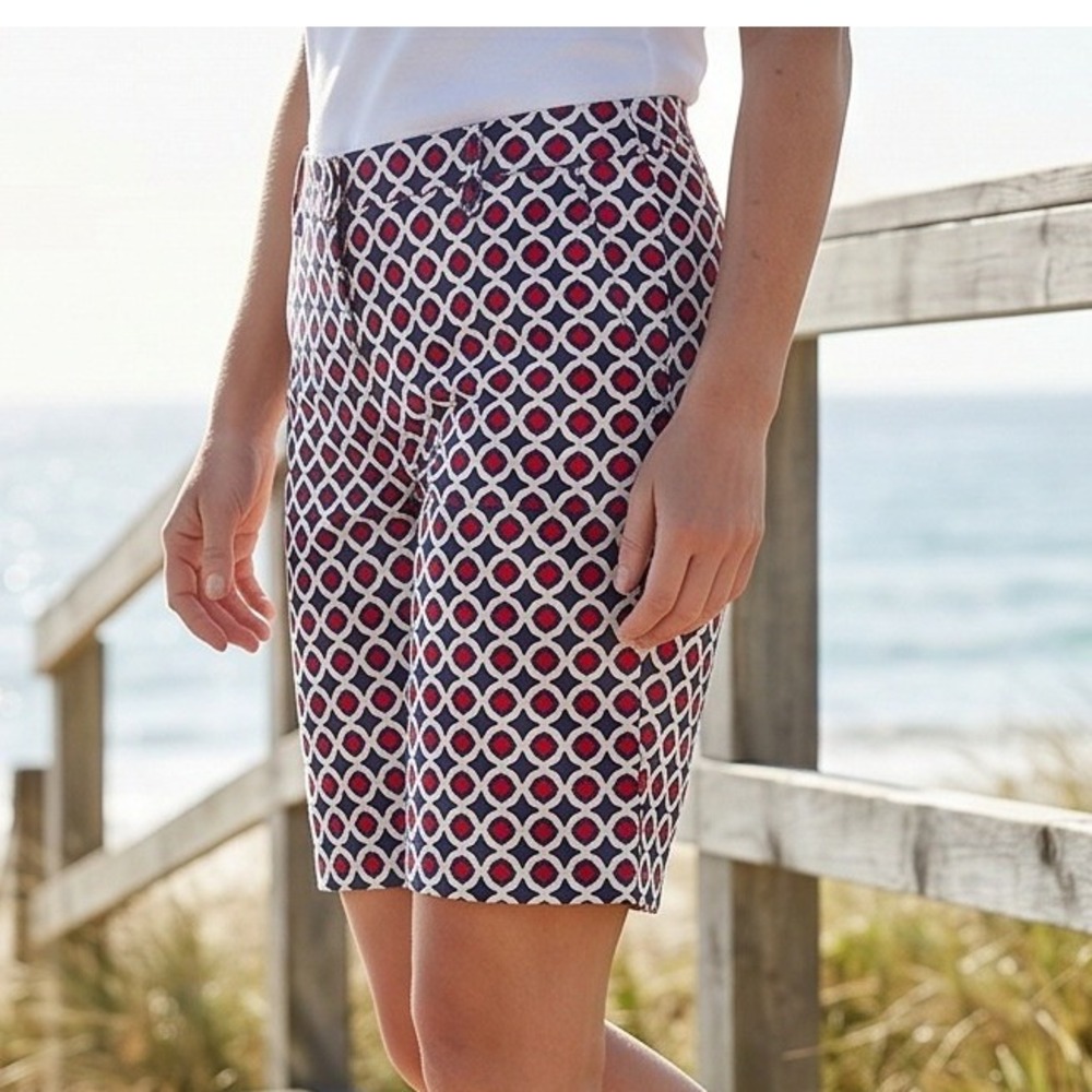 Tommy Bahama Womens 12 Geometric Print Cotton Blend Shorts Navy Red Nautical NEW